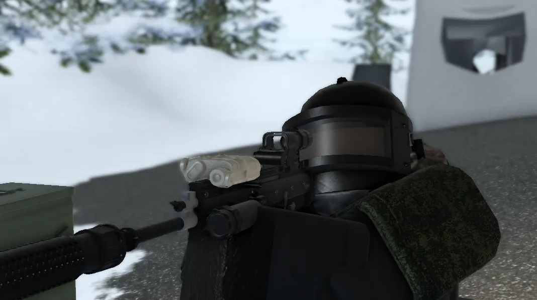 Armoured player in a full-face helmet with night vision