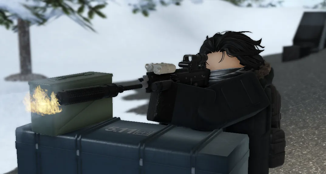 Spent brass flying as a player fires over a crate