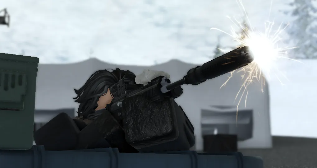 Suppressed rifle firing from cover in the snow