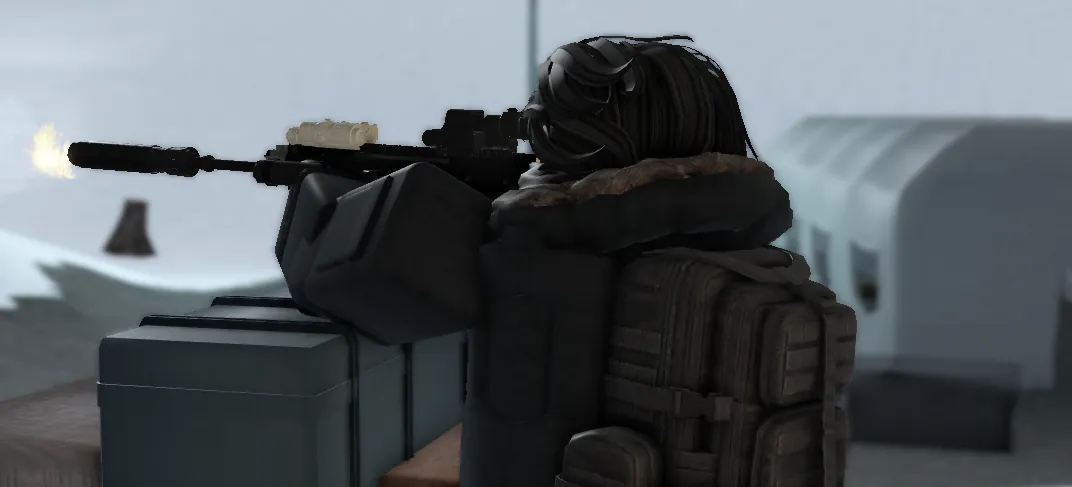 Player with a backpack firing a suppressed rifle from behind crates